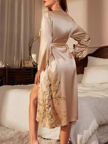 1 PC Luxe Nights French Elegant Loose Long Robe, Women Sleepwear Satin Robe, For Fall, Winter, Sexy Short Satin Silk Soft Sleepwear, Suitable For Bride, Bridesmaid, Home Use,Morning Robe And Sleeping Robe,Ladies Four Seasons Home Clothes Tie Nightgown Nightdress Thin Outer Wear Medium And Long Pajamas Bathrobe,Machine Washable,Suitable For Gifts, Banquets, Portable And Lightweight,Summer,Spring - Multicolor - View 5