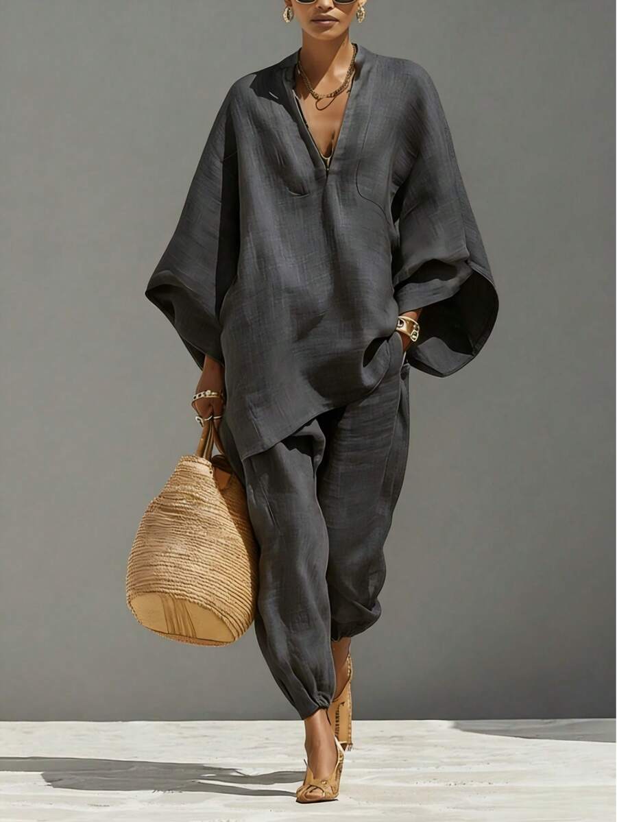 Women Linen Batwing Sleeve V Neck Top And Loose Pants Two Piece Set - Màu xám đen - Xem 1