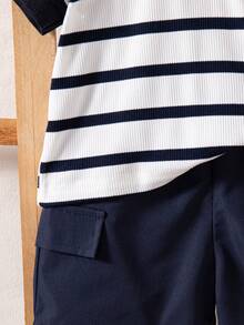 Baby Boys' Summer New Striped Pocket Short Sleeve Polo Shirt + Casual Solid Color Shorts Set, Suitable For Beach Vacation - Royal Blue - View 6