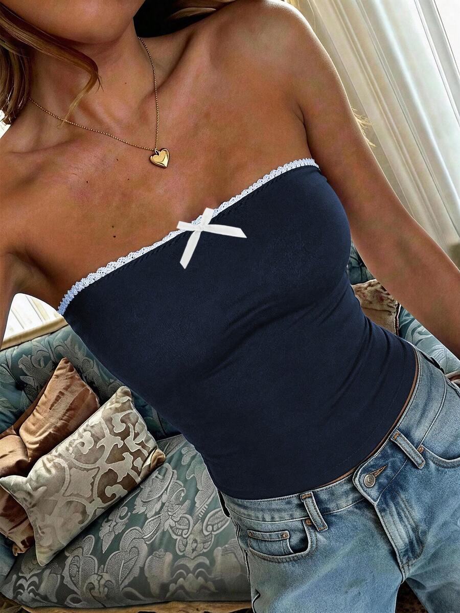女士Y2K性感修身蕾丝蝴蝶结衬衫，夏季休闲款 - 藏蓝色 - 查看 1