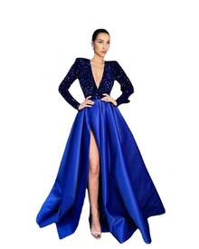 Women's Sexy Long-Sleeve Sequin V-Neck Flared Sequin Slit Long Evening Dress - 紅色 - 查看 8