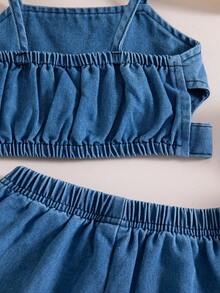 Bộ đồ denim dễ thương cho bé gái mùa hè: Áo hai dây và quần short có nơ. - Màu xanh lam - Xem 9