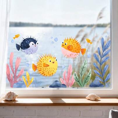 Creative Pufferfish Design Self-Adhesive Vinyl Decals For Bathroom, Fridge & Window Decor, Easy Peel & Stick, Durable Strong Adhesive, Conceals Stains, Asymmetric Shape, Low-Cost Home Aesthetic Upgrade, Toilet Stickers Decals, Bathroom Decor, High Quality Adhesive, Apartment Renters, Artistic Wall Decor, Longlasting Decor, DIY Enthusiasts