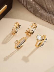 4件套铜质奢华优雅时尚小众立方氧化锆叶形戒指套装，适合女性日常、节日、通勤佩戴 - 四件組戒指 - 查看 8