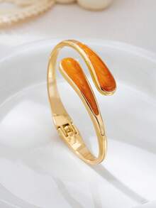 1pc Fashionable New Elegant Versatile Gold-Plated & Resin Orange Water Drop Shaped Bracelet For Women - Orange - View 5