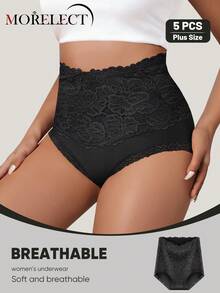 Morelect 5pcs/Pack Women Plus Size High Waist Tummy Control Cotton Briefs, Lace Patchwork, Full Coverage, Jacquard Pattern - Multicolor - View 3