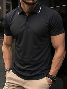 1pc Men's Black Polo Shirt With Contrast Collar, Knit Breathable Fabric, Business Casual Style Suitable For Office, Golf, Weekend - Black - View 11