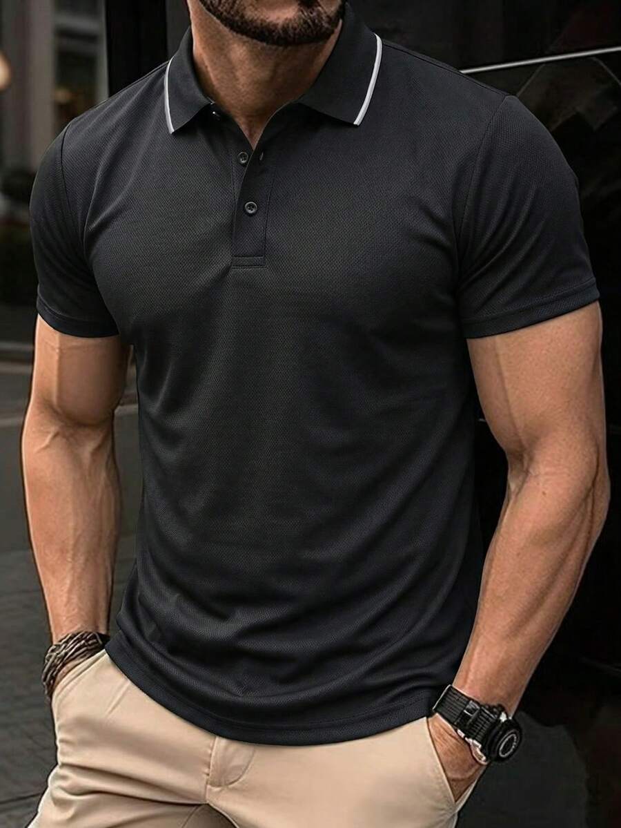 1pc Men's Black Polo Shirt With Contrast Collar, Knit Breathable Fabric, Business Casual Style Suitable For Office, Golf, Weekend - Black - View 1