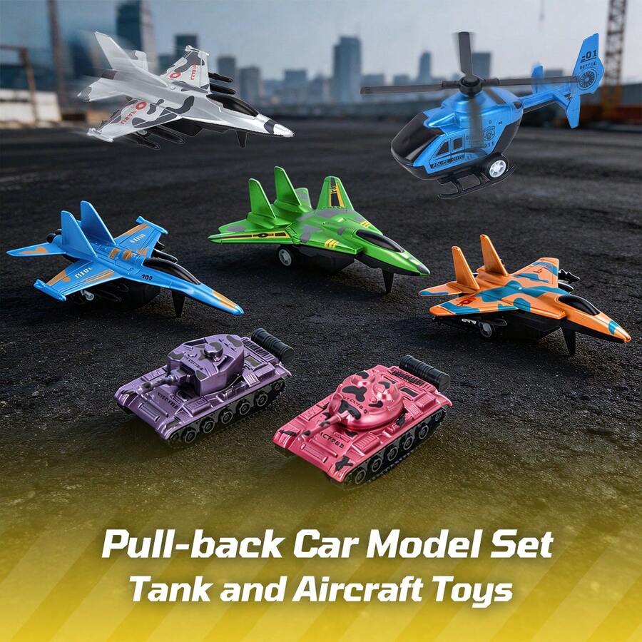 6/22pcs Children Military Toy Car Set, Including Racing Car, Tank, Fighter Jet And Other Shapes, Friction Powered Sliding, Desktop Decor, Toy Cars For Boys, Car Enthusiast Collectibles, Children's Car Toys, Gift Bag Filler, Party Surprise Gift, Classroom Reward, Back To School Gift - Multicolor - View 1