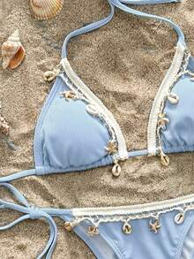 Swmmer Liket Women Solid Color Stitching Ribbon Shell Decoration Triangle Cup Lace-Up Bikini Set For Beach Vocation Summer - Baby Blue - View 11