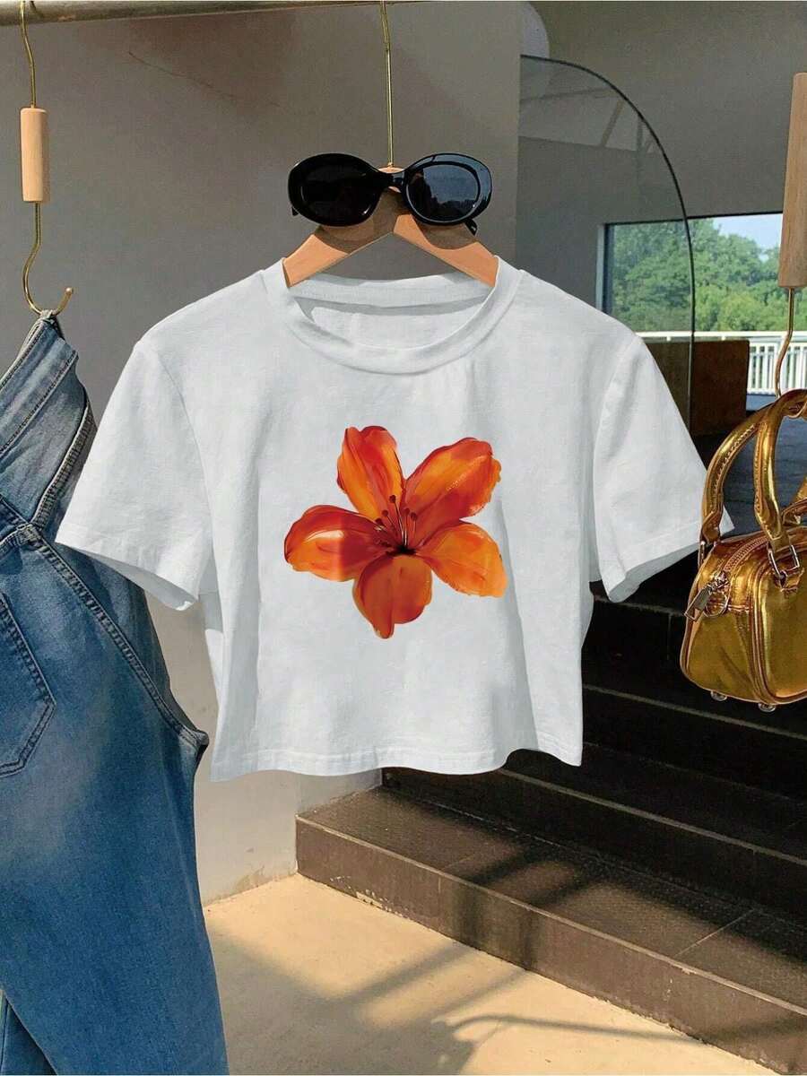 [Crop Top] Double-Layer Orange-Red Hibiscus Flower Short Top T-Shirt - Short-Sleeved Round-Neck Shirt, Lightweight And Stretchy, Suitable For Beach Wear And Layering, Machine Washable Slim-Fit Casual Shirt, Suitable For All Seasons, A Must-Have Item For Layering. 2026coords Set For Women - trắng - Xem 1