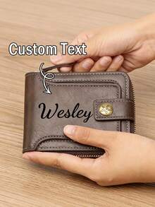 1 pieza Billetera personalizada grabada para hombres, billetera de piel sintética marrón de moda con hebilla, ranuras para tarjetas con cremallera y monedero, accesorio duradero y elegante, regalo ideal para el Día del Padre y ocasiones especiales - Multicolor - Ver 5