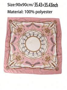 LUXE SCARF 90x90cm 馬術印花聚酯纖維方巾，奢華復古風，粉色鏈條與扣環圖案，多用途頸部與頭部圍巾 - 淺粉色 - 查看 3