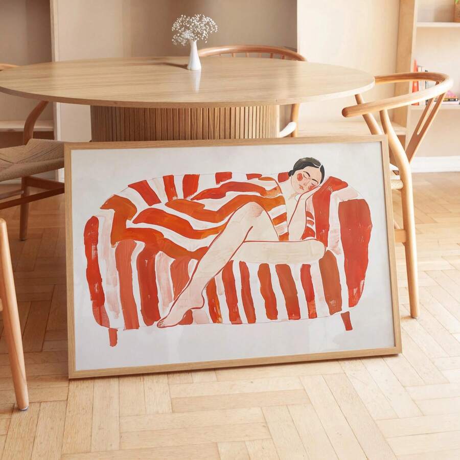 1pc, Canvas Wall Art, Framed Wall Art, Abstract Woman Relaxing On A Red And Orange Striped Sofa, Vibrant Home Decor Painting, Line Art, Art Deco Poster, Apartment Decor, Room Decor Aesthetics, Dopamine-Inducing Decor, Dorm Room Decor, Living Room Decor, Bathroom Decor, Kitchen Decor, Dining Room Decor, Bedroom Decor, Gift, Housewarming Gift, Office Decor - A - View 1