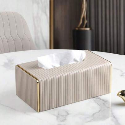 PU Leather Striped Tissue Box, Nordic Luxury Style Hotel Gold-Edged Napkin Holder, Creative Large Size Facial Tissue Box For Living Room & Bedroom, Mother's Day Gift