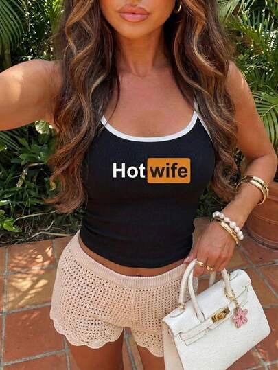 标语印花露脐背心，修身2026 Y2K风格罗纹针织无袖上衣，舒适百搭的露脐上衣，复古街头风Pinterest美学吊带衫，独特标语休闲黑色服饰