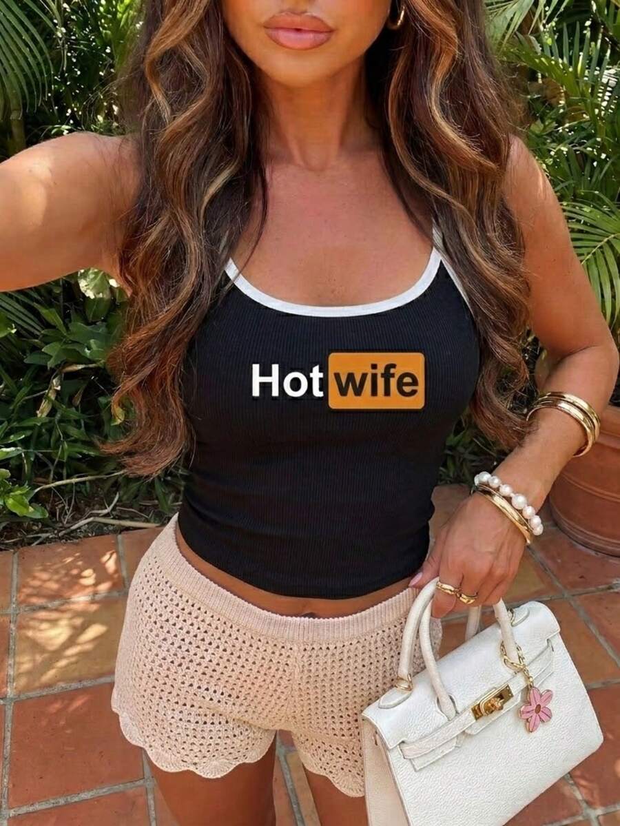 标语印花露脐背心，修身2026 Y2K风格罗纹针织无袖上衣，舒适百搭的露脐上衣，复古街头风Pinterest美学吊带衫，独特标语休闲黑色服饰 - 黑色 - 查看 1