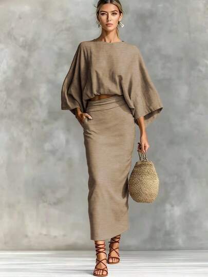 2pcs Women's Elegant Casual Set - Round Neck Top And Long Skirt With Pockets And Slit Design