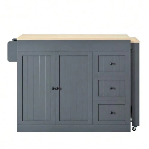 Kitchen Island On Wheels, Extendable Kitchen Island With Dining Area, Spice Rack And Drawers, Independent Mobile Kitchen Island, Ideal For Kitchen And Dining Room (White). - Grey - View 1