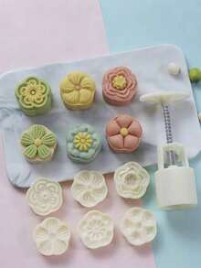 6 Piezas/set Molde Para Pastel De Luna Con Forma De Flor, Tipo De Prensado Manual, Molde Antiadherente Para Helado De Judías Verdes, Herramientas De Horneado Con Diseño De Dibujos Animados - Beis - Ver 10