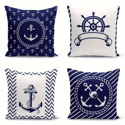 4pcs Nautical Anchor Heart Pattern Decorative Throw Pillow Covers - 18x18 Inches, Single-Sided, Zippered, Machine Washable Polyester - Great For Sofa, Living Room, Bedroom Decor, Accent Pillows