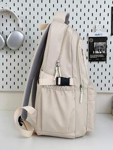 Matte Solid Color Fabric Label Backpack With Thick Cushioned Breathable Shoulder Straps, Multi-Compartment Layered Storage, Versatile - Multicolor - View 5
