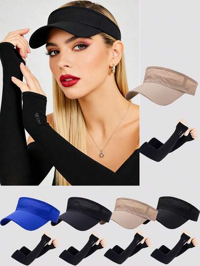 1 Set Sombrero y Mangas para el Brazo Unisex, Gorra Deportiva de Malla Transpirable y de Secado Rápido, Protección UV, Adecuado para Playa, Correr, Actividades al Aire Libre, Ciclismo, Voleibol, etc.