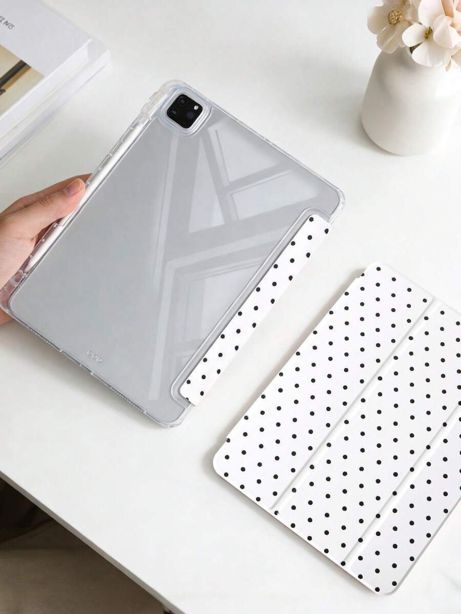 1件全透明壓克力殼三折平板保護殼,白色波點圖案,適用於 iPad 10th Gen/11th/10.2/10.5/Air4/Air5/10.9/Pro11/Air 11-In.(M2)-2024/Pro 11-In.(M4)-2024/Air 11-Inch (M3) 2025/(A16) 11 Inch 11th Generation 2025 Mini6/Mini7/Air1/Air2/9.7/Air 8(M4)2026(11-Inch) 機型 - 白色 - 查看 1