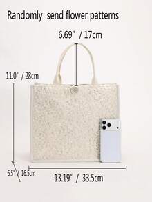 1pc Colorful Sequin & Mesh Patchwork Linen Tote Bag, Fashion Floral & Leaf Embroidery Design, Large Capacity Square Shoulder Bag, Casual Vacation Style Shopping Bag (Floral Pattern Randomly Distributed) - White - View 3