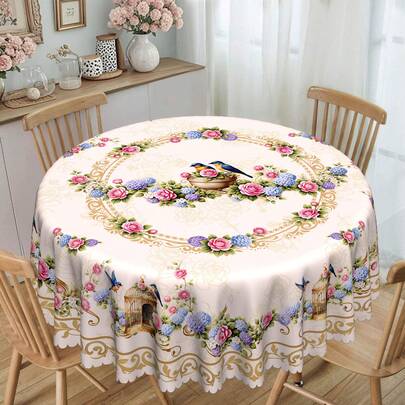 1pc Spring/Summer Theme Party Tablecloth, French Baroque Rose Flower & Bird Design, Multiple Sizes Available, Floral Pattern, European Countryside Style, Suitable For Home, Kitchen, Wedding, Party, Dining Table, Outdoor Events, Gifts. Easy-To-Clean Polyester Material