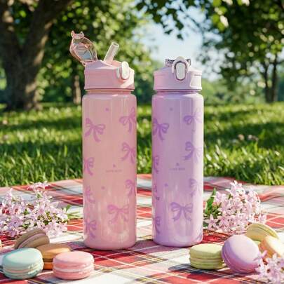 BENNY 800ml Bowknot Design Leak-Proof Tritan Plastic Water Bottle, With Pop-Up Lid, 27oz Large Capacity, Pink & Purple, Suitable As Gift For Islamic Festivals, Back To School, Christmas For Ladies & Teens