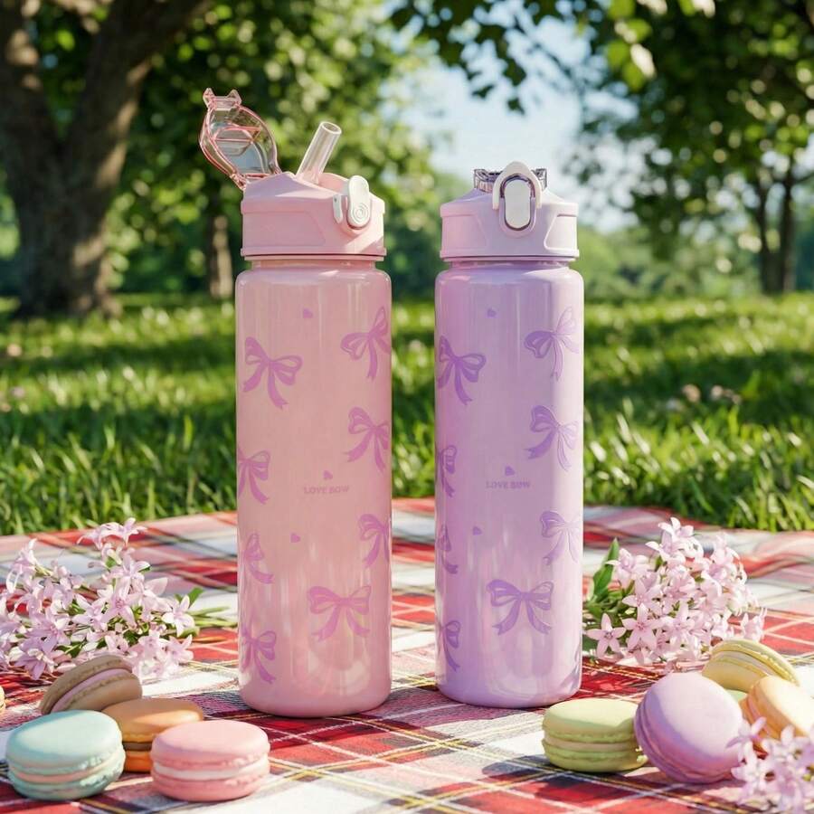 BENNY 800ml Bowknot Design Leak-Proof Tritan Plastic Water Bottle, With Pop-Up Lid, 27oz Large Capacity, Pink & Purple, Suitable As Gift For Islamic Festivals, Back To School, Christmas For Ladies & Teens - Multicolor - View 1