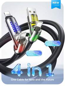 4-In-1 Black Fast Charging Cable With LED Indicator, 4-Foot 240W USB-C All-In-One Charging Cable, Universal Cable With Lightning/Micro-USB/Type-C Connectors, Compatible With All Phones, Tablets, And Power Banks - View 2