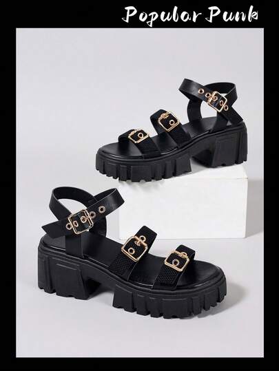 Giày sandal đế dày phong cách Punk dành cho nữ, kiểu dáng La Mã, có quai cài, thích hợp cho đi làm hàng ngày, tụ họp, dự tiệc, đi biển ngoài trời vào mùa hè.