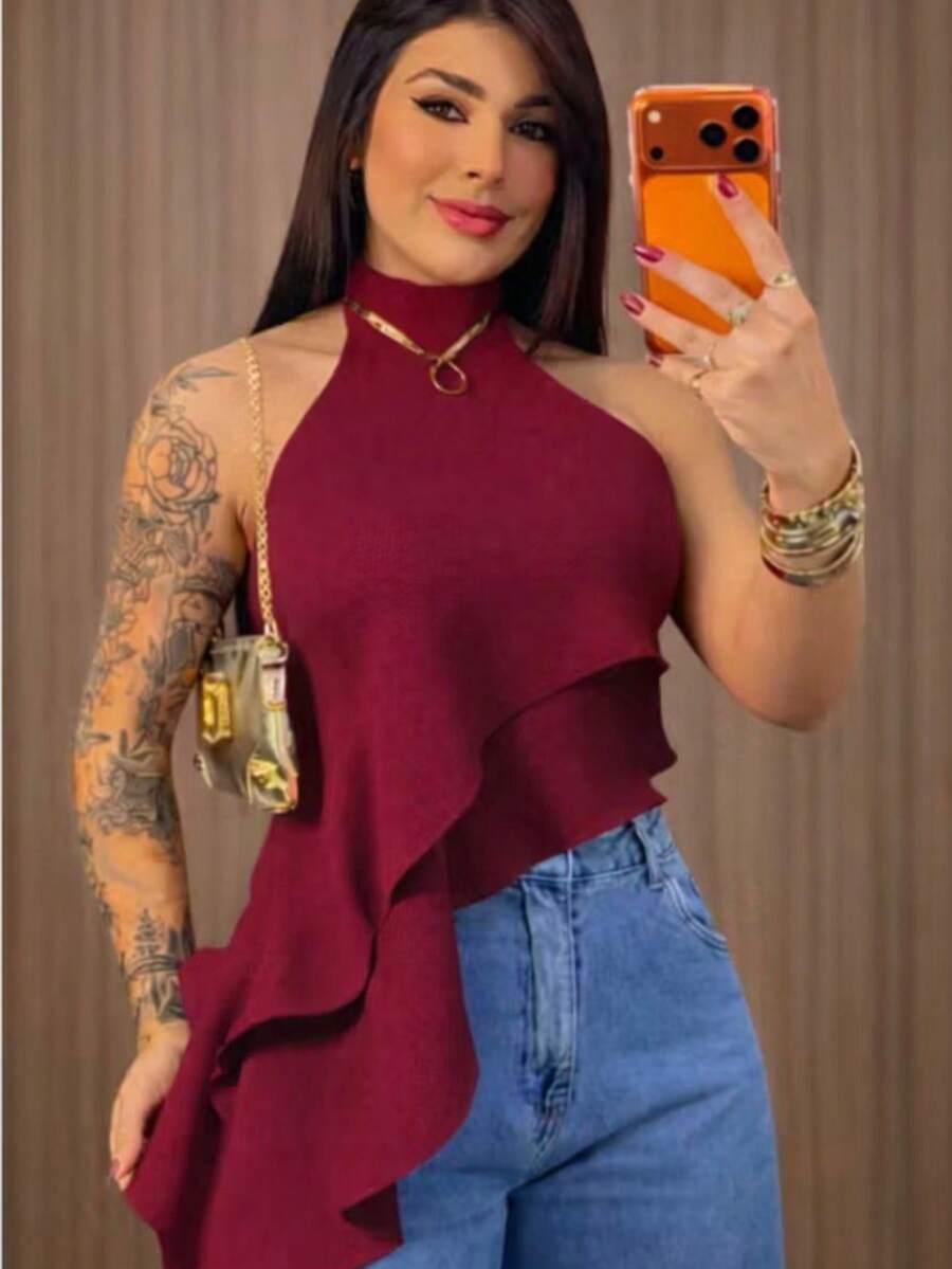 Women's Blouse With Elegant High Neck, Asymmetrical Band, Double Ruffle, And Draped Fit. - Màu Đỏ Sâu - Xem 1