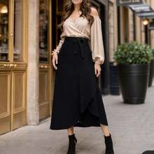 Women's Long Wrap Skirt In Viscose Linen With Tie Detail – Style And Comfort – One Size - Black - View 3