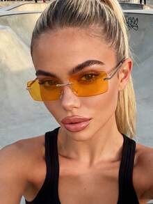 1 Pair Women's Metal Rimless Rectangular Orange Retro Minimalist Sunglasses, Suitable For Street Wear Accessories, Travel, Vacation, Sports Style, Driving, Beach, Electronic Music Festival, Golf, Hiking, Fishing - Orange - View 1