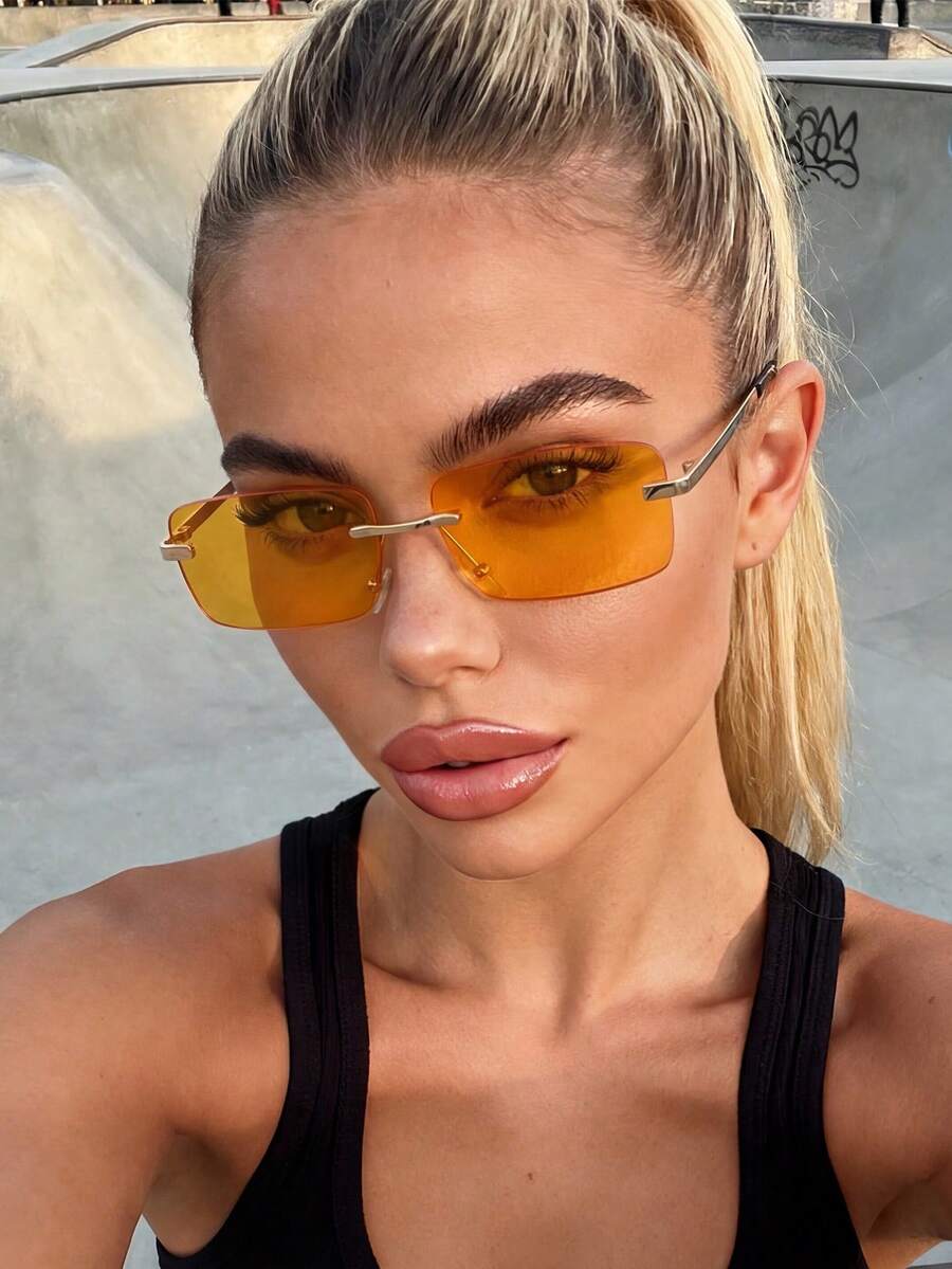 1 Pair Women's Metal Rimless Rectangular Orange Retro Minimalist Sunglasses, Suitable For Street Wear Accessories, Travel, Vacation, Sports Style, Driving, Beach, Electronic Music Festival, Golf, Hiking, Fishing - Orange - View 1