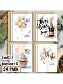 24pcs Birthday Card Set With Envelopes, Includes 24pcs Watercolor Balloon & Cake Happy Birthday Cards, Suitable For Any Occasion Like Christmas, Thank You, Congratulations And Sentimental Themes - Multicolor - View 1