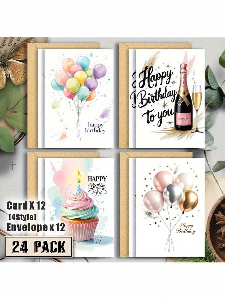 24pcs Birthday Card Set With Envelopes, Includes 24pcs Watercolor Balloon & Cake Happy Birthday Cards, Suitable For Any Occasion Like Christmas, Thank You, Congratulations And Sentimental Themes - Multicolor - View 1