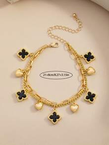 1pc Four-Leaf Flower Style Double-Layer Heart Pendant Anklet, Summer Beach Style Fashion, Gift For Women - Black - View 4
