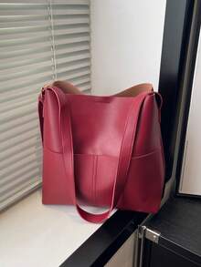 Bolso de hombro de PU de unicolor retro y versátil, bolso de cubo minimalista casual con textura - Rojo - Ver 11