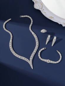 Bộ trang sức mạ bạc đính đá Cubic Zirconia toàn bộ gồm dây chuyền, bông tai, vòng tay và nhẫn, thích hợp cho váy dạ hội, tiệc tùng, đám cưới, quà tặng ngày Valentine cho bạn gái. - trắng - Xem 4