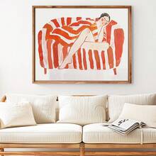 1pc, Canvas Wall Art, Framed Wall Art, Abstract Woman Relaxing On A Red And Orange Striped Sofa, Vibrant Home Decor Painting, Line Art, Art Deco Poster, Apartment Decor, Room Decor Aesthetics, Dopamine-Inducing Decor, Dorm Room Decor, Living Room Decor, Bathroom Decor, Kitchen Decor, Dining Room Decor, Bedroom Decor, Gift, Housewarming Gift, Office Decor - A - View 5