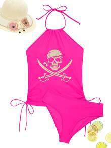 Women'S Tankini Swimwear Featuring A Pirate Skull And Crossbones Design, Perfect For Halloween And Rave Parties. This Elegant Bathing Suit Is Ideal For Beach Outings, Pool Gatherings, And Water, Showcasing A Cute Style, Durable Fabric - 玫瑰紅 - 查看 6
