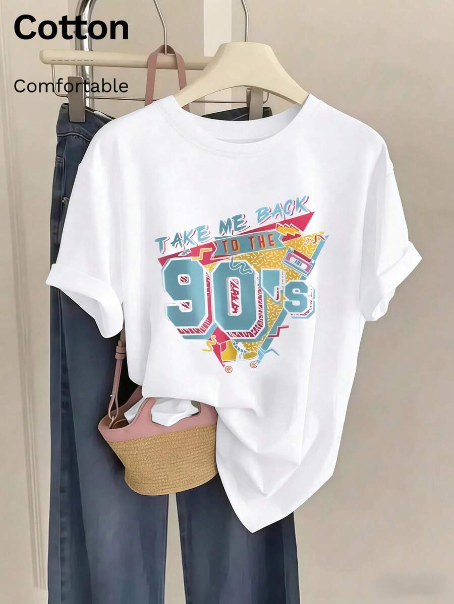 T-shirt femme imprimé rétro << Retour aux années 90 », manches courtes, coton, style décontracté, nostalgie années 90, look streetwear Y2K, t-shirt vintage d'été, idéal pour les sorties printanières et estivales. Doux, fluide et respirant. - Blanc - Voir 1