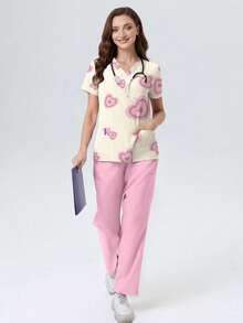 cimmuovere Women's New V-Neck Short Sleeve Top With Heart Print And Pockets, Paired With Pink Straight Leg Pants 2 Piece Set, Spring/Summer Scrubs Nurse Scrubs Workwear Dentist Healthcare Pet Hospital Laboratory Outfit, Valentine's Day - Pink - View 1