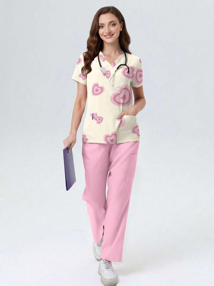 cimmuovere Women's New V-Neck Short Sleeve Top With Heart Print And Pockets, Paired With Pink Straight Leg Pants 2 Piece Set, Spring/Summer Scrubs Nurse Scrubs Workwear Dentist Healthcare Pet Hospital Laboratory Outfit, Valentine's Day - Pink - View 1