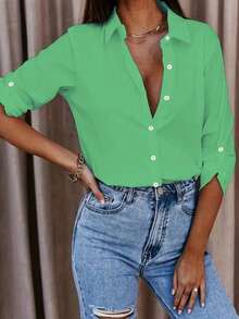 时尚百搭春夏通勤纯色简约百搭卷袖直筒衬衫翻领修身涤纶面料绿色休闲衬衫，优雅实用，适合日常通勤，四季皆宜。 - 綠色 - 查看 5