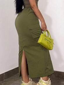 GILIPUR Chân váy cargo màu xanh quân đội Y2K dành cho nữ, cạp thấp, nhiều túi có dây rút, kiểu dáng thanh lịch retro thường ngày, phong cách đường phố mùa xuân. - xanh quân đội - Xem 9